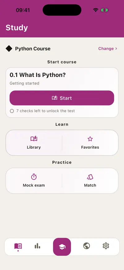 The study hub on the light theme, in magenta