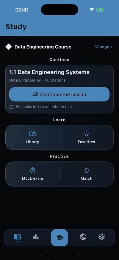 The study hub on the dark theme, in blue