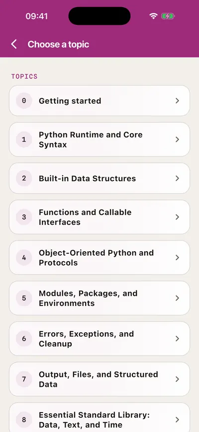 The topics of the Python course on the light theme