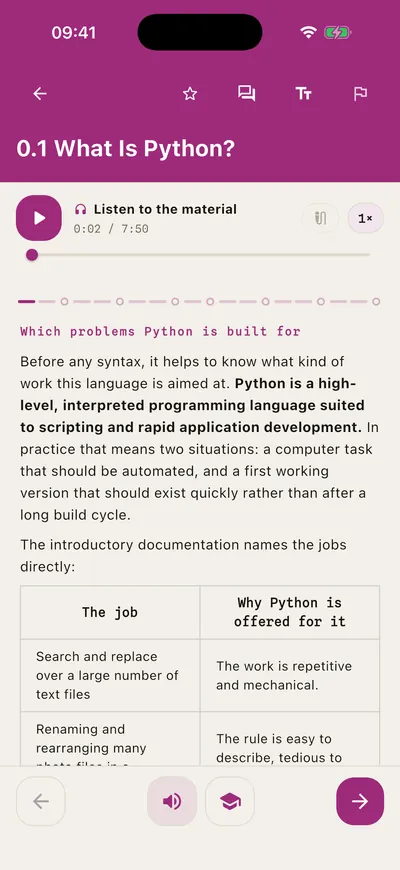 A Python lesson playing as audio on the light theme