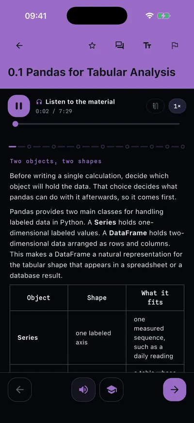 A pandas lesson playing as narrated audio, in plum