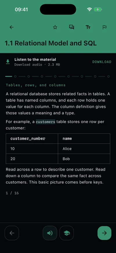 A SQL lesson card with its key table