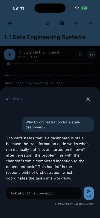 The AI tutor answering a question about the card in front of you