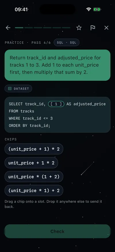 Code practice: fill the gap in a SQL query with the right chip
